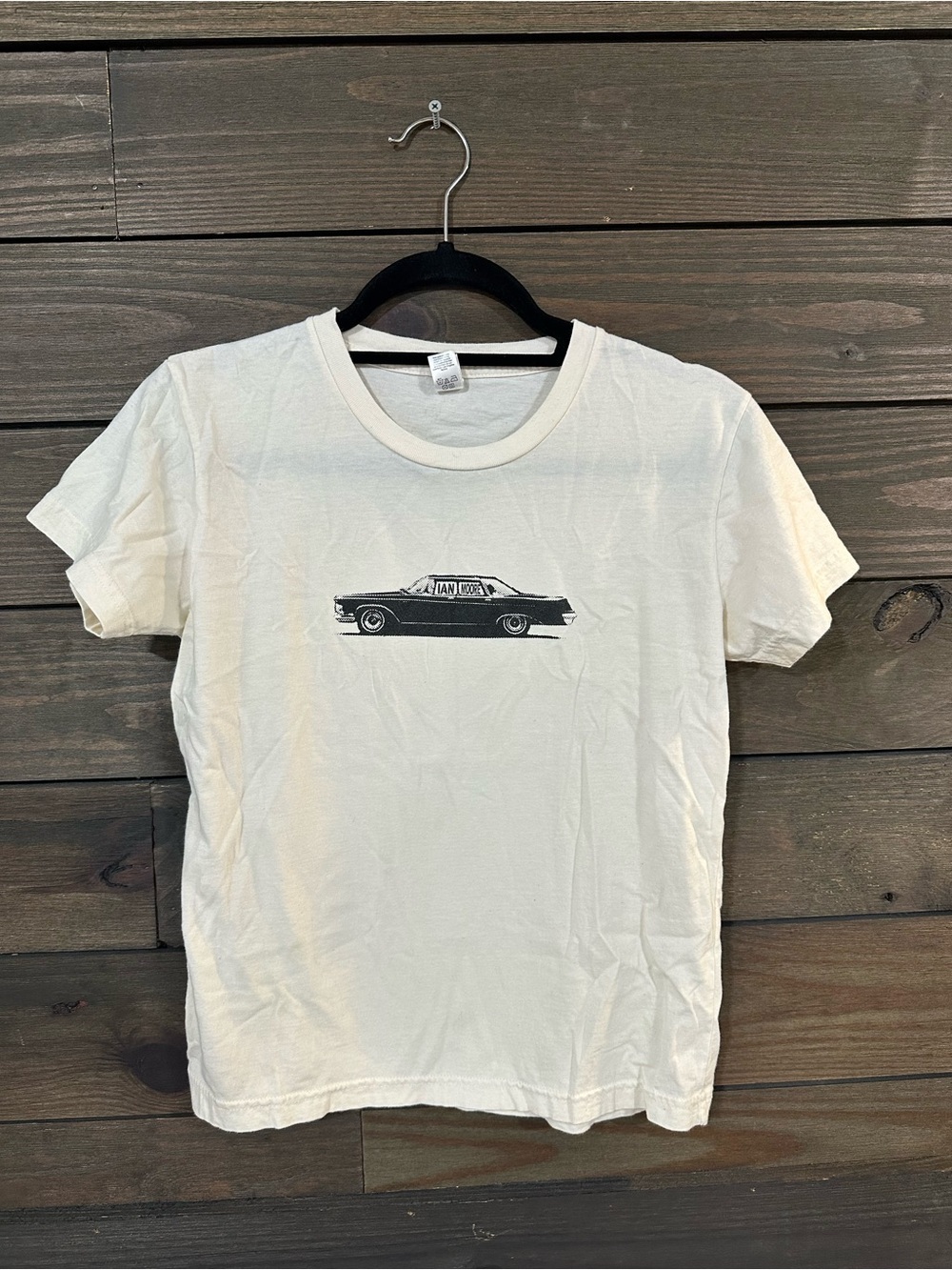 Ian Moore American Apparel Cream Short Sleeve Tee with Black Car Print